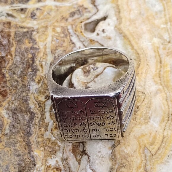Vtg Judaica Mens Sz 11 Hebrew 10 Commandments 21g Sterling Silver Jewish Jewelry - Picture 4 of 8